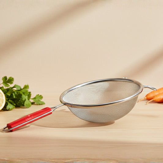 Stainless Steel Soup & Juice Strainer - Large Kitchen Liquid Filter with Red Handle