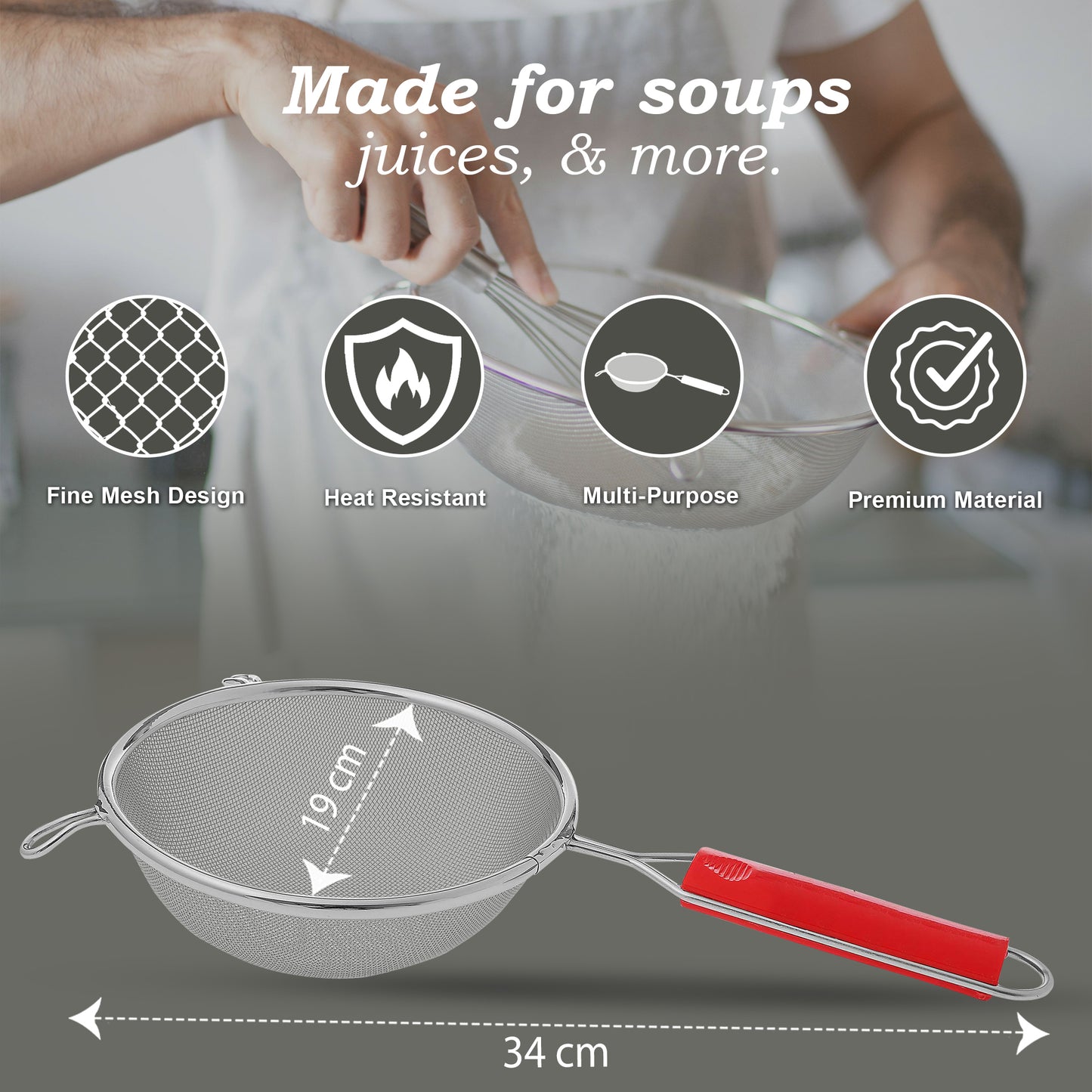 Stainless Steel Soup & Juice Strainer | 18.5cm Kitchen Liquid Filter, Large Soup Chalni with Red Handle for Rice & Juice, Set of 1