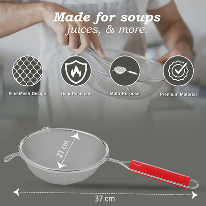 Stainless Steel Soup & Juice Strainer - Large Kitchen Liquid Filter with Red Handle
