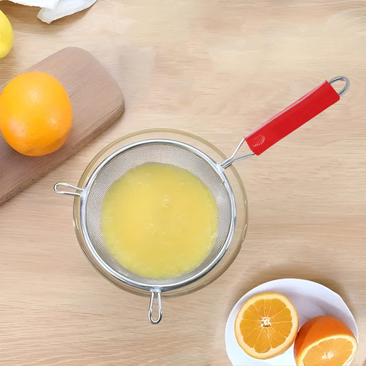 Stainless Steel Soup & Juice Strainer | 16cm Kitchen Liquid Filter, Large Soup Chalni with Red Handle for Rice & Juice, Set of 1