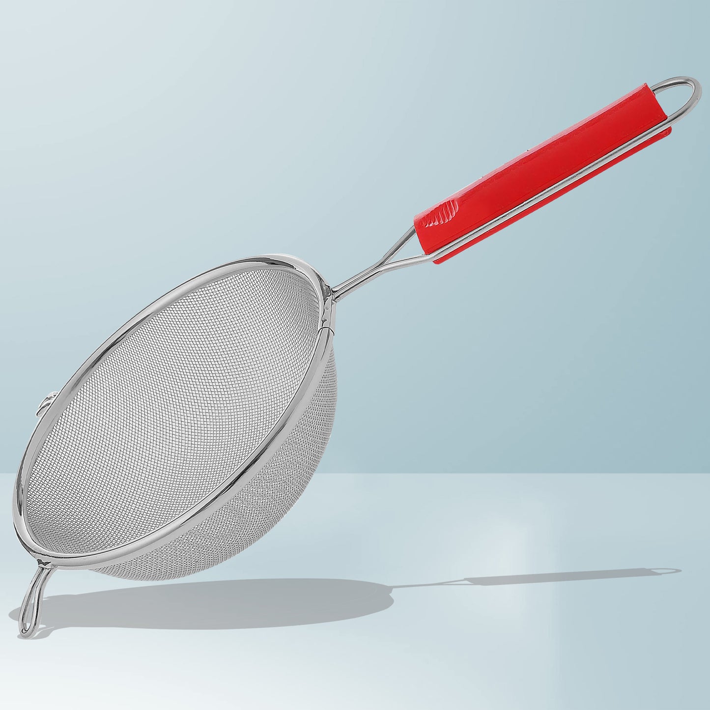 Stainless Steel Soup & Juice Strainer | 16cm Kitchen Liquid Filter, Large Soup Chalni with Red Handle for Rice & Juice, Set of 1
