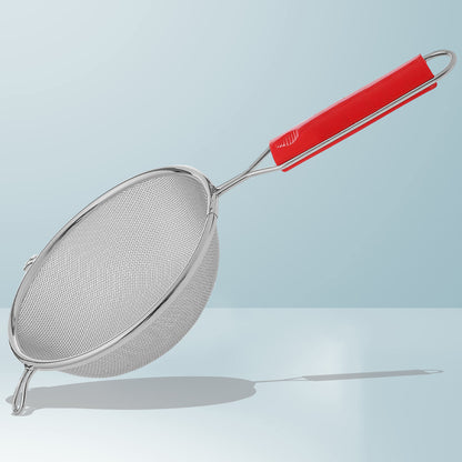 Stainless Steel Soup & Juice Strainer | 16cm Kitchen Liquid Filter, Large Soup Chalni with Red Handle for Rice & Juice, Set of 1