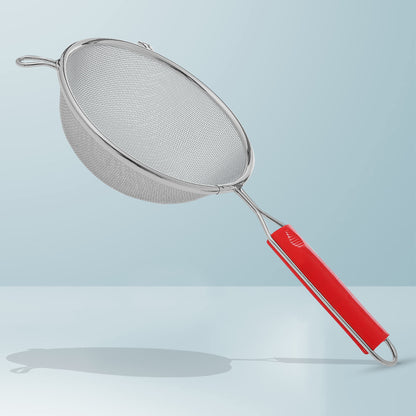 Stainless Steel Soup & Juice Strainer | 18.5cm Kitchen Liquid Filter, Large Soup Chalni with Red Handle for Rice & Juice, Set of 1