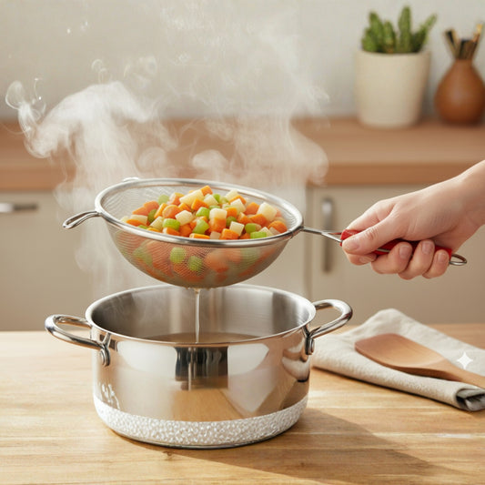 Stainless Steel Soup & Juice Strainer - Large Kitchen Liquid Filter with Red Handle