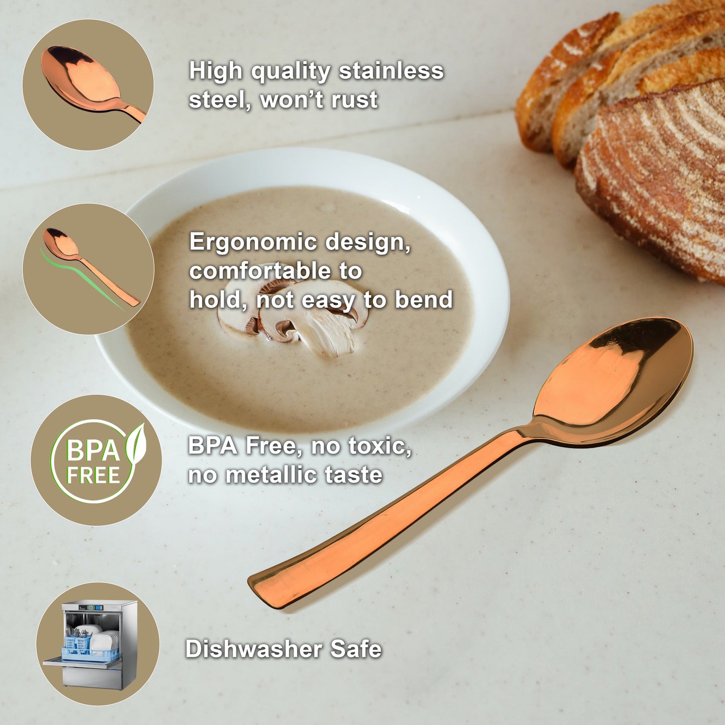 6-Piece Stainless Steel Rose Gold Dinner Spoon Set | 16cm Premium Spoons, Luxury Tableware & Housewarming Gift