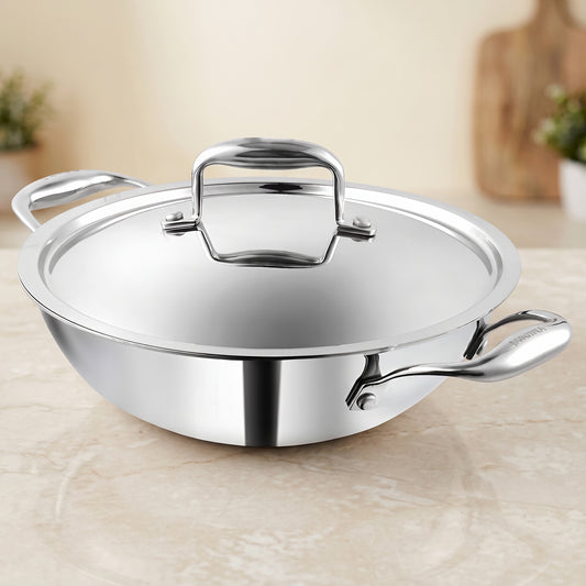 Tripure Triply Kadai with Lid | 28cm, 4L | Stainless Steel | Silver