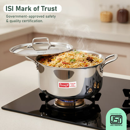1 Piece Triply Stainless Steel Biryani Pot 1700 ML with Stainless Steel Lid | ISI Marked Tri-Ply Handi Casserole for Induction & Gas | Even Heat Distribution | Compact Cook & Serve Pot