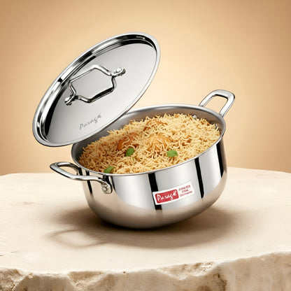 1 Piece Triply Stainless Steel Biryani Pot 1700 ML with Stainless Steel Lid | ISI Marked Tri-Ply Handi Casserole for Induction & Gas | Even Heat Distribution | Compact Cook & Serve Pot