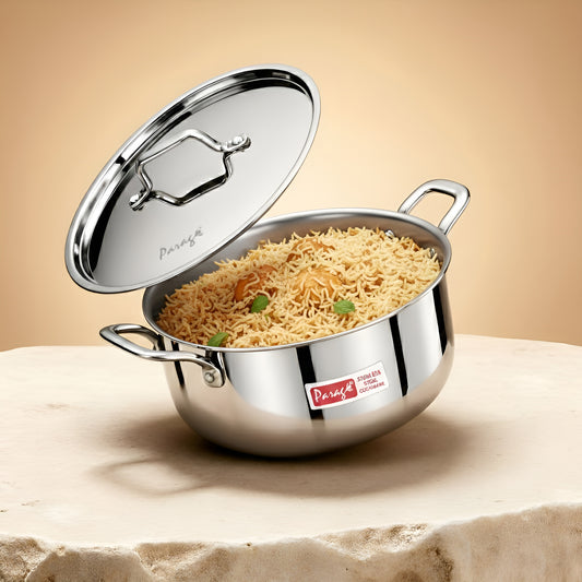 1 Piece Triply Stainless Steel Biryani Pot 1700 ML with Stainless Steel Lid | ISI Marked Tri-Ply Handi Casserole for Induction & Gas | Even Heat Distribution | Compact Cook & Serve Pot
