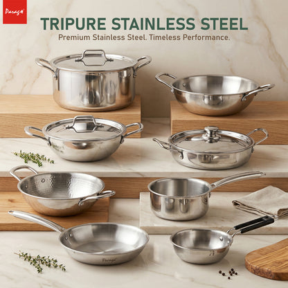 Stainless Steel Cookware Set | 24cm Kadhai with Lid, 24cm Frypan & 16cm Saucepan, Induction & Gas Compatible, Even Heat, Dishwasher Safe, 5-Year Warranty