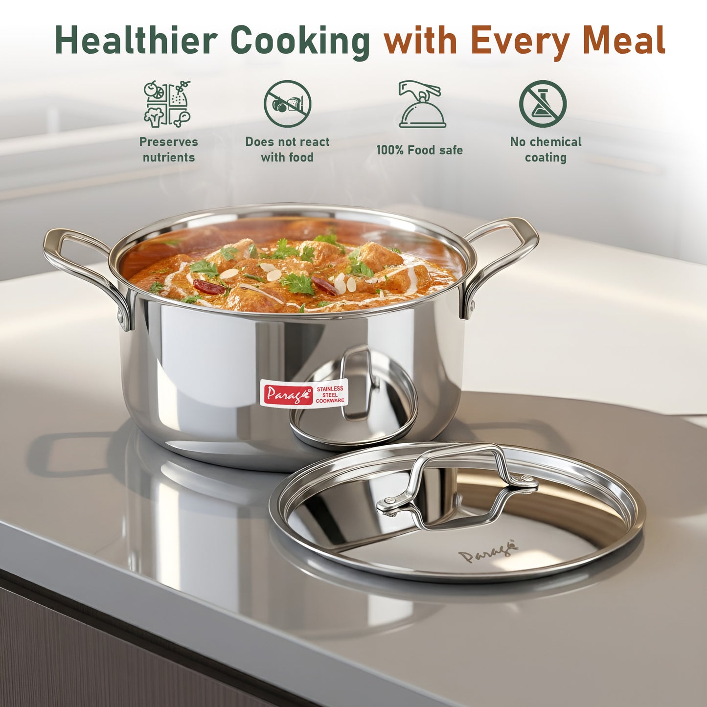 1 Piece Triply Stainless Steel Biryani Pot 1700 ML with Stainless Steel Lid | ISI Marked Tri-Ply Handi Casserole for Induction & Gas | Even Heat Distribution | Compact Cook & Serve Pot