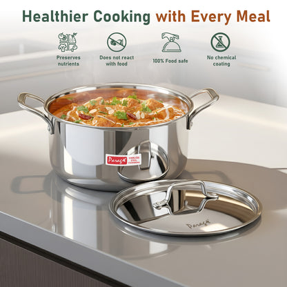 1 Piece Triply Stainless Steel Biryani Pot 1700 ML with Stainless Steel Lid | ISI Marked Tri-Ply Handi Casserole for Induction & Gas | Even Heat Distribution | Compact Cook & Serve Pot