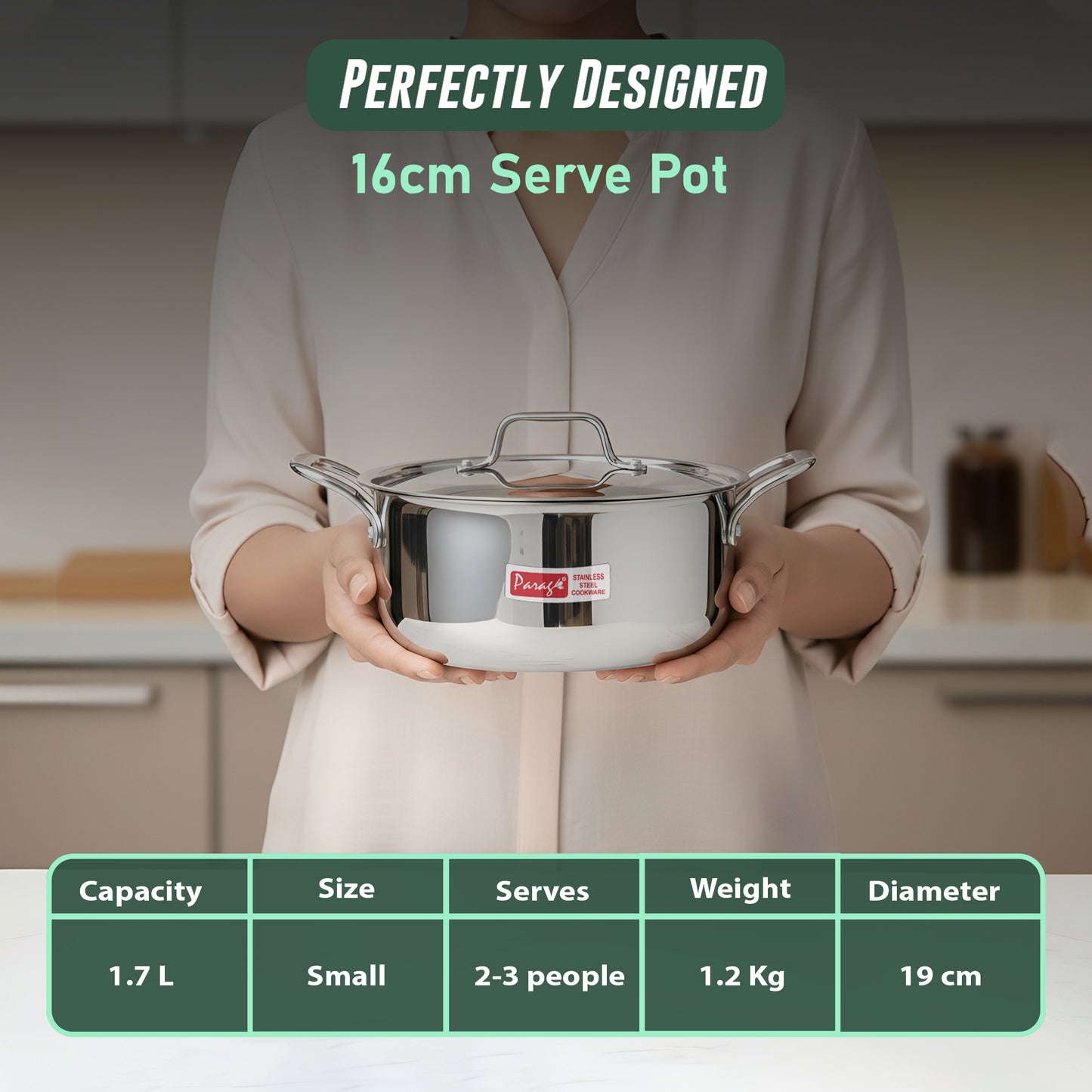 1 Piece Triply Stainless Steel Biryani Pot 1700 ML with Stainless Steel Lid | ISI Marked Tri-Ply Handi Casserole for Induction & Gas | Even Heat Distribution | Compact Cook & Serve Pot