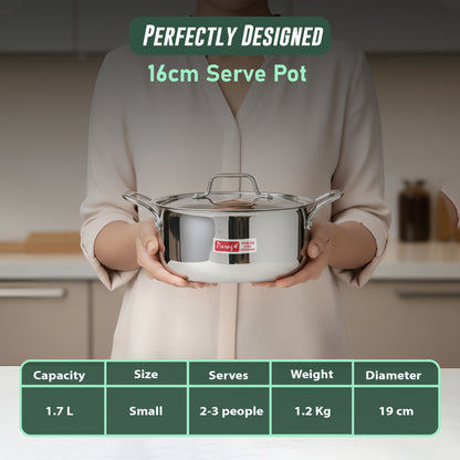 1 Piece Triply Stainless Steel Biryani Pot 1700 ML with Stainless Steel Lid | ISI Marked Tri-Ply Handi Casserole for Induction & Gas | Even Heat Distribution | Compact Cook & Serve Pot