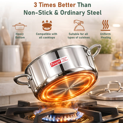 1 Piece Triply Stainless Steel Biryani Pot 1700 ML with Stainless Steel Lid | ISI Marked Tri-Ply Handi Casserole for Induction & Gas | Even Heat Distribution | Compact Cook & Serve Pot