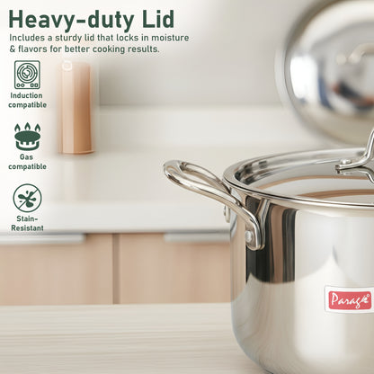1 Piece Triply Stainless Steel Biryani Pot 1700 ML with Stainless Steel Lid | ISI Marked Tri-Ply Handi Casserole for Induction & Gas | Even Heat Distribution | Compact Cook & Serve Pot