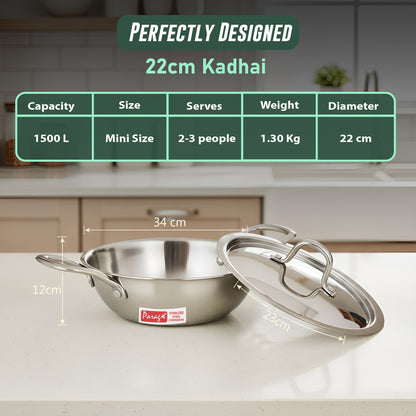 Tripure Triply Stainless Steel Kadai with Lid 22 cm, 1.5 LTR | ISI Mark Certified | Heavy Bottom SAS Triply Kadhai for Deep Frying & Cooking | Induction & Gas Stove Compatible, 5 Years Warranty