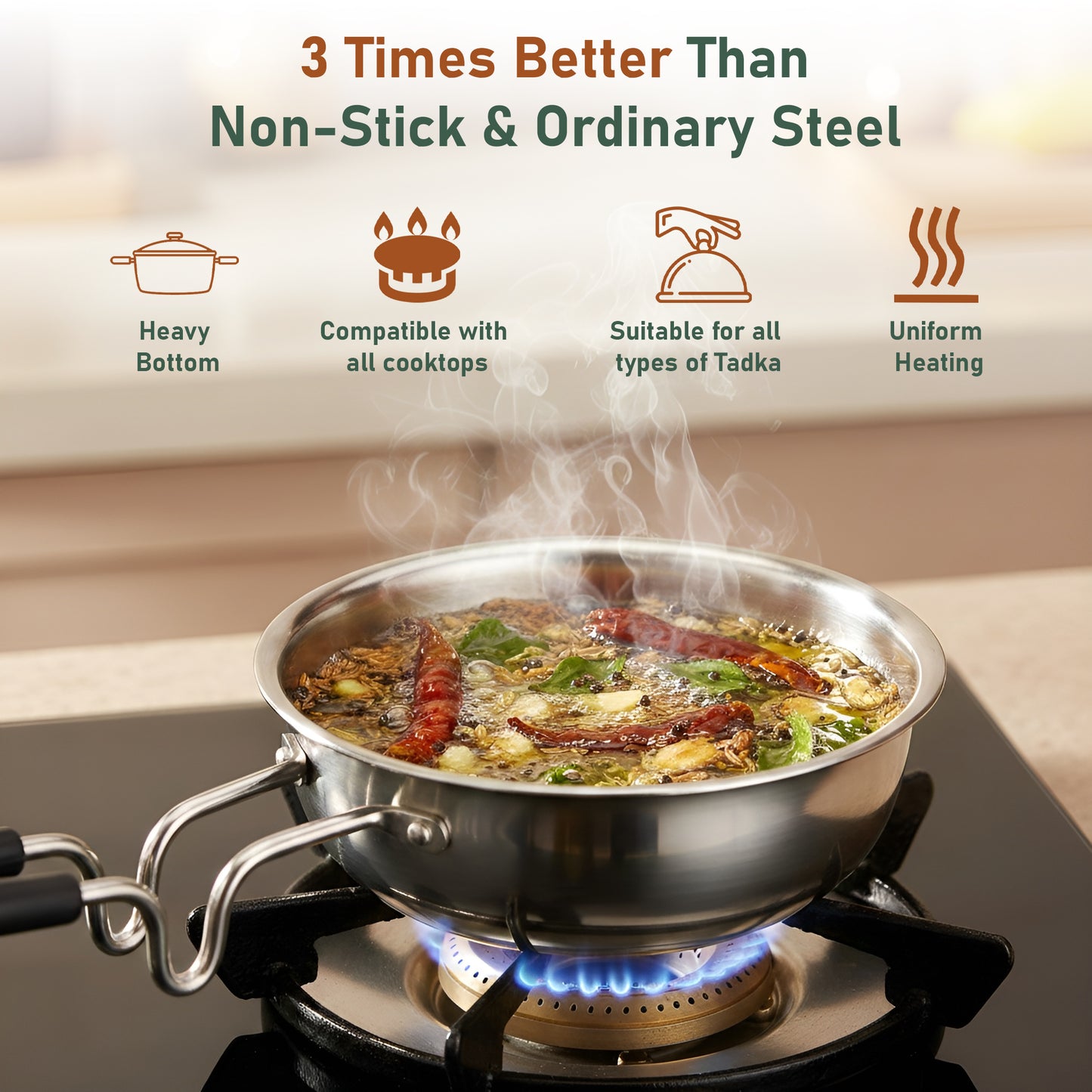 1 Piece Tryply Stainless Steel Tadka Pan 500ml with Heat Resistant Handle | Small Deep Tempering Pan for Dal, Ghee & Curry | Durable Steel Tadka Pan for Indian Cooking (13 cm Diameter)