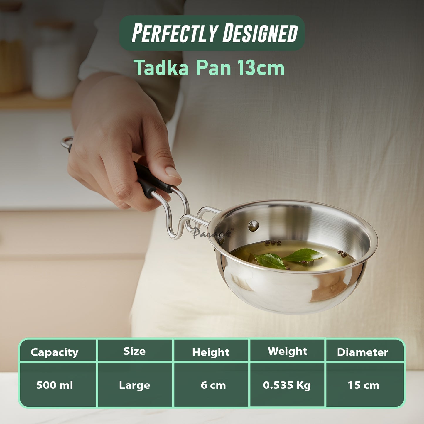 1 Piece Tryply Stainless Steel Tadka Pan 500ml with Heat Resistant Handle | Small Deep Tempering Pan for Dal, Ghee & Curry | Durable Steel Tadka Pan for Indian Cooking (13 cm Diameter)
