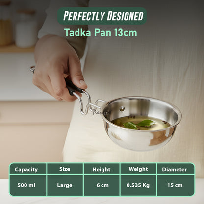 1 Piece Tryply Stainless Steel Tadka Pan 500ml with Heat Resistant Handle | Small Deep Tempering Pan for Dal, Ghee & Curry | Durable Steel Tadka Pan for Indian Cooking (13 cm Diameter)