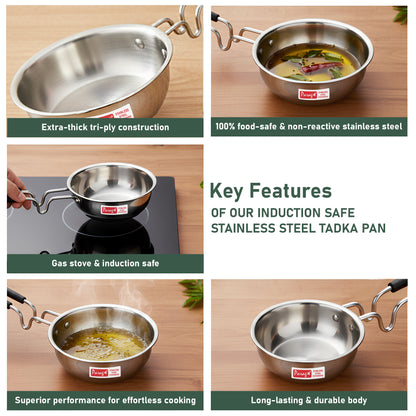 1 Piece Tryply Stainless Steel Tadka Pan 500ml with Heat Resistant Handle | Small Deep Tempering Pan for Dal, Ghee & Curry | Durable Steel Tadka Pan for Indian Cooking (13 cm Diameter)