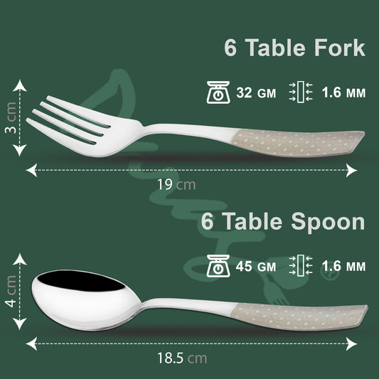 12 Pcs Stainless Steel Premium Cutlery Set - 6 Table Spoons & 6 Forks, Silver Dazzle Design, Home & Kitchen