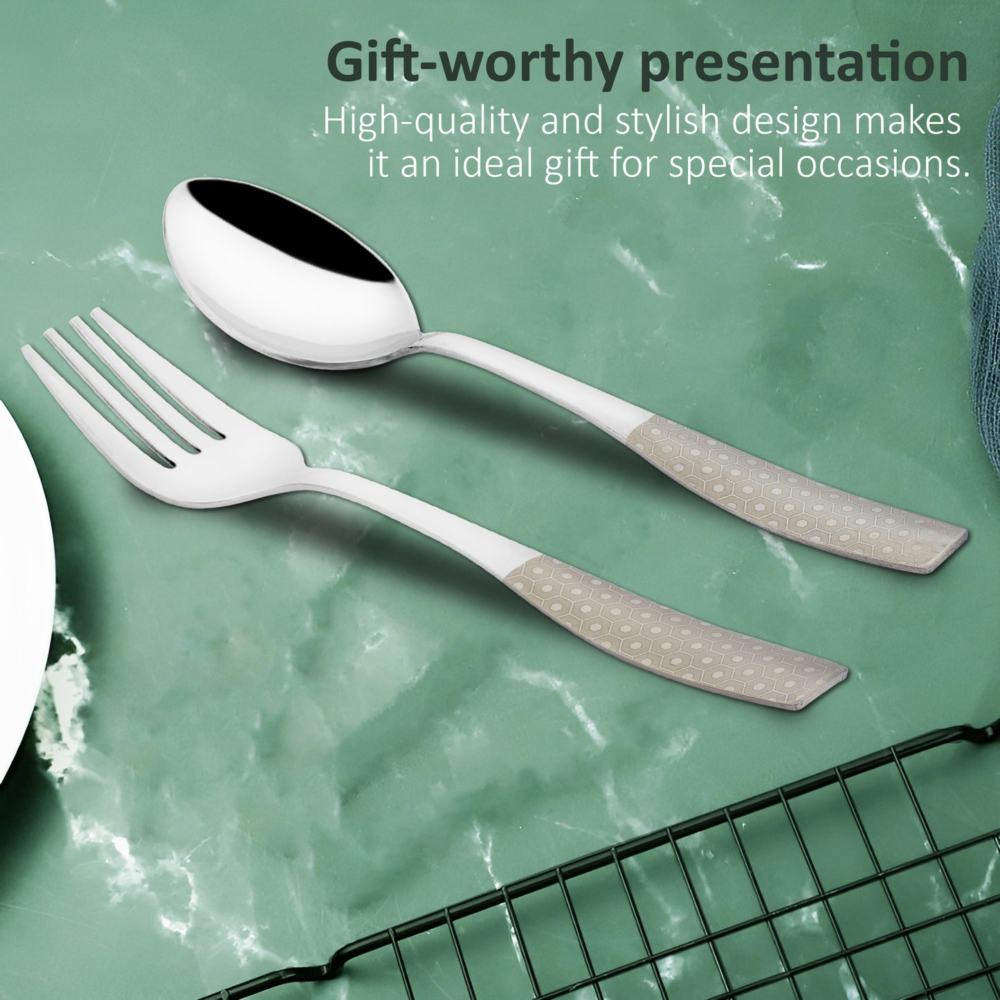 12 Pcs Stainless Steel Premium Cutlery Set - 6 Table Spoons & 6 Forks, Silver Dazzle Design, Home & Kitchen