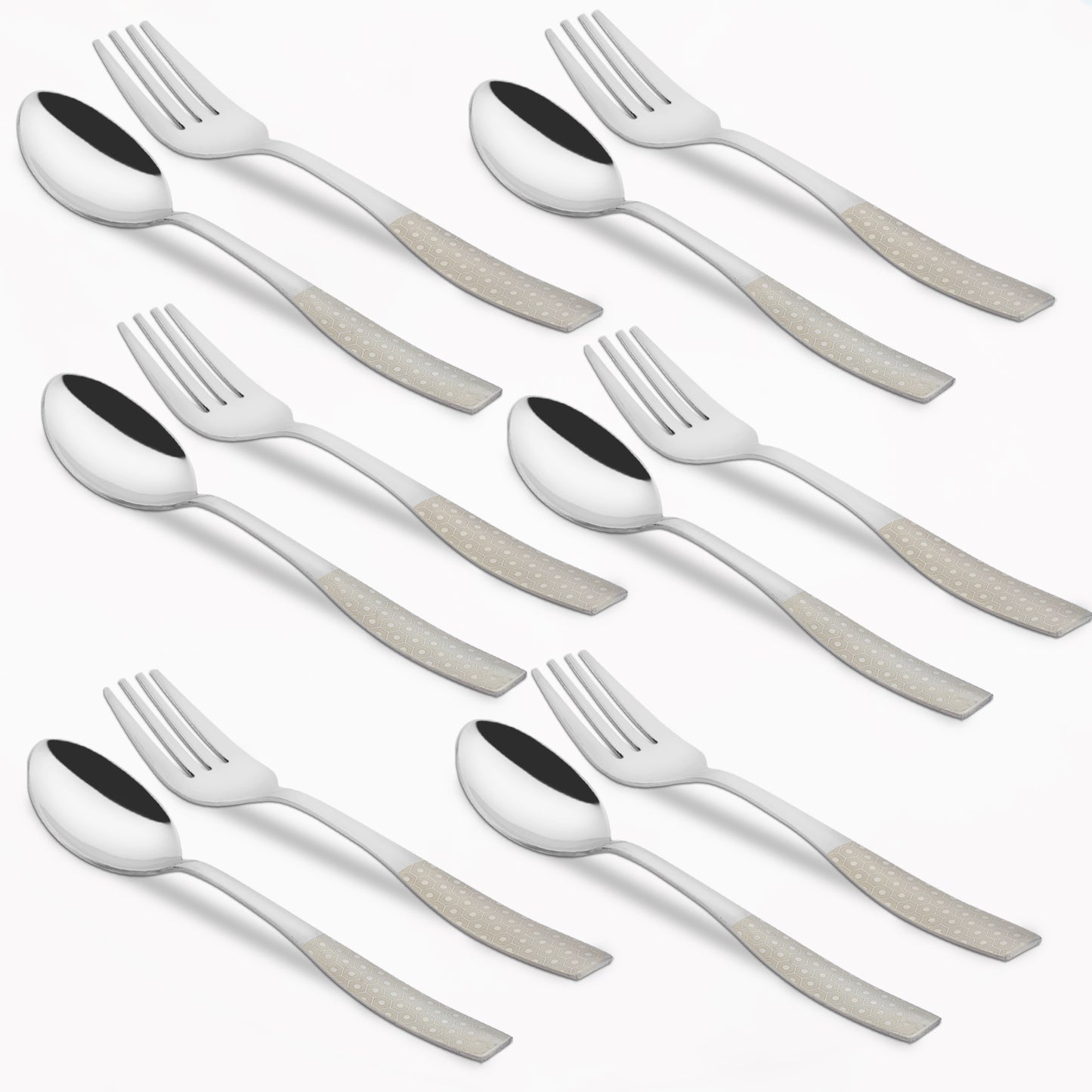 12 Pcs Stainless Steel Premium Cutlery Set - 6 Table Spoons & 6 Forks, Silver Dazzle Design, Home & Kitchen