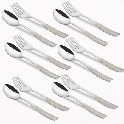 12 Pcs Stainless Steel Premium Cutlery Set - 6 Table Spoons & 6 Forks, Silver Dazzle Design, Home & Kitchen