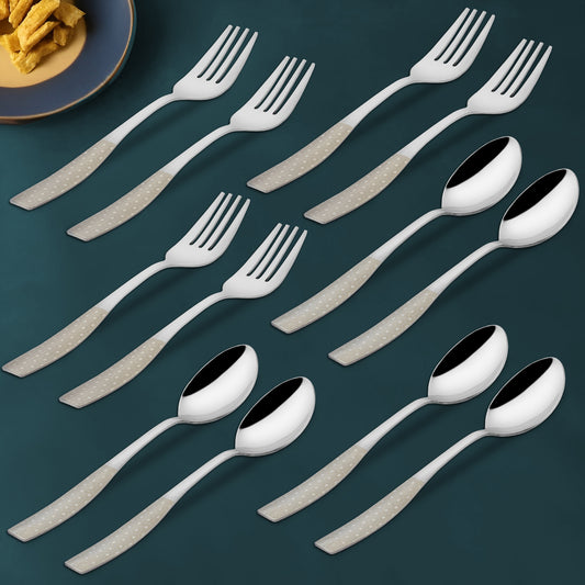 12 Pcs Stainless Steel Premium Cutlery Set - 6 Table Spoons & 6 Forks, Silver Dazzle Design, Home & Kitchen