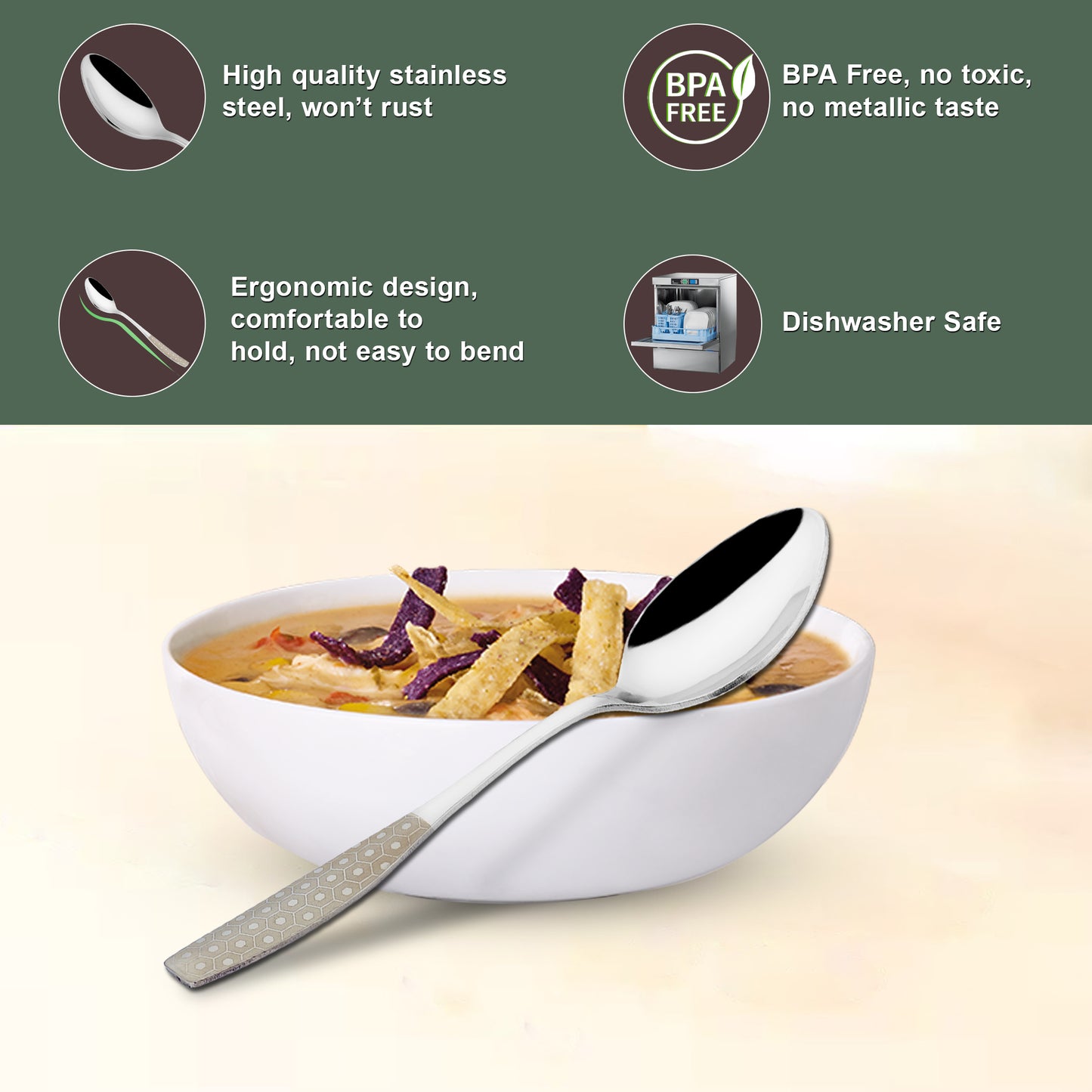 6 Pcs Stainless Steel Premium Table Spoon Set - 18.5 cm Luxury Dining Tableware, Silver Gift Set