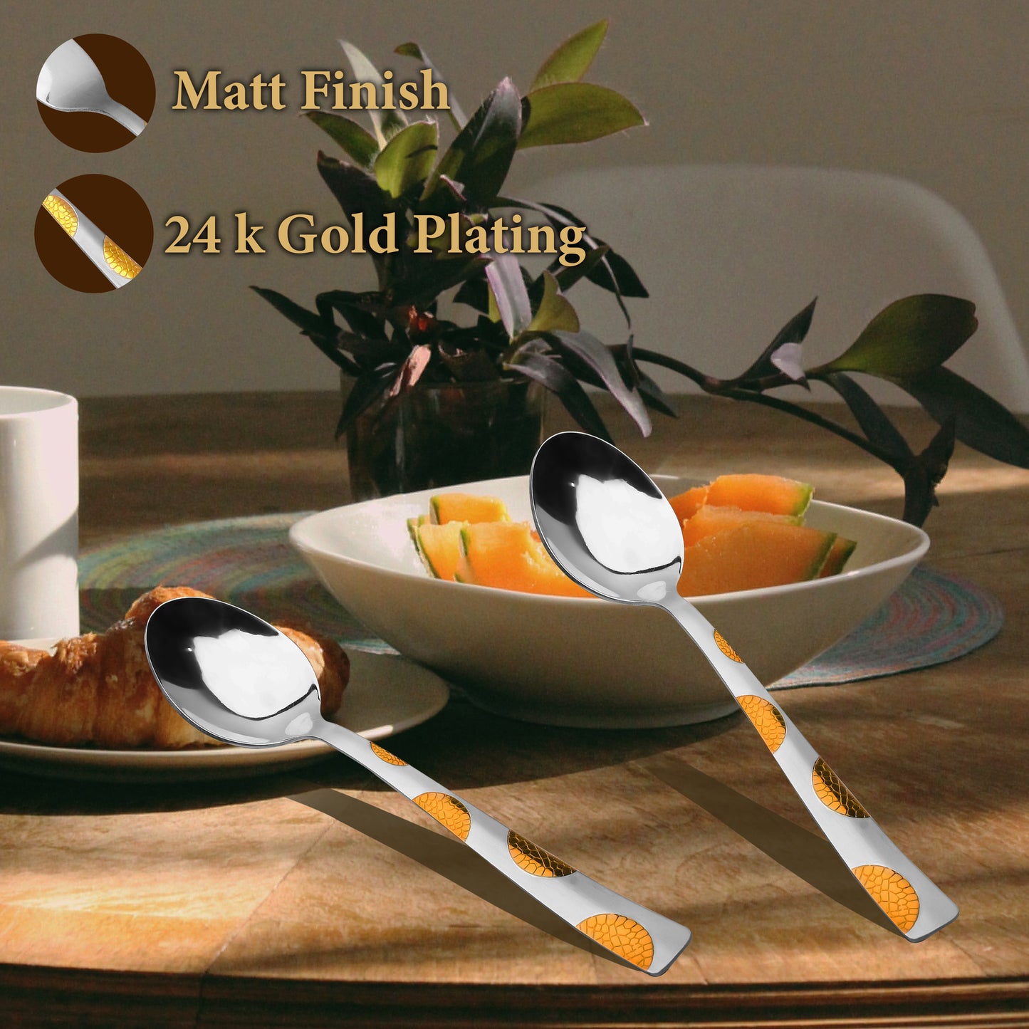 6-Piece Stainless Steel 24K Gold Tea Spoon Set | 14cm Premium Small Spoons, Luxury Tableware & Housewarming Gift, Moonpress Design