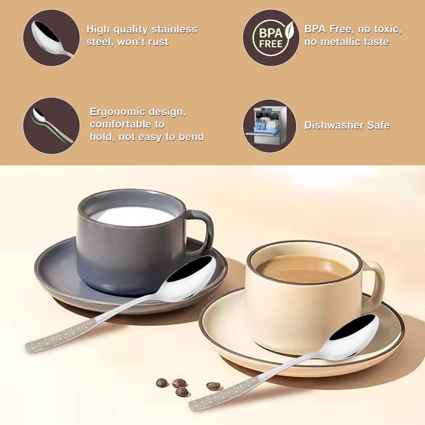 6 Pcs Stainless Steel Premium Tea Spoon Set - 14 cm Luxury Dining Tableware, Silver Dazzle Design