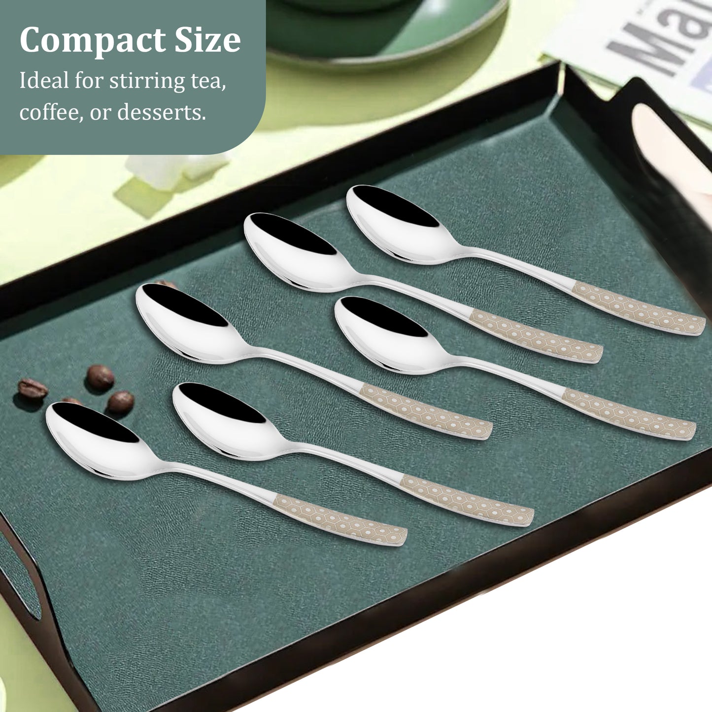 6 Pcs Stainless Steel Premium Tea Spoon Set - 14 cm Luxury Dining Tableware, Silver Dazzle Design