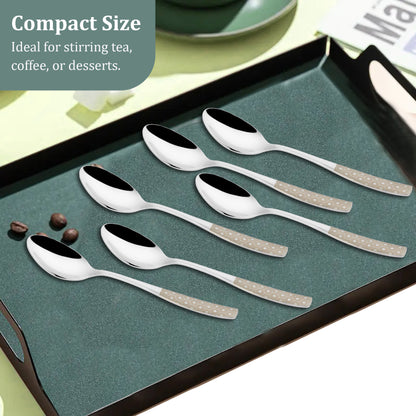 6 Pcs Stainless Steel Premium Tea Spoon Set - 14 cm Luxury Dining Tableware, Silver Dazzle Design