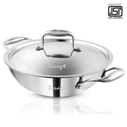 Tripure Triply Kadai with Lid | 26cm, 3.2L | Stainless Steel | Silver