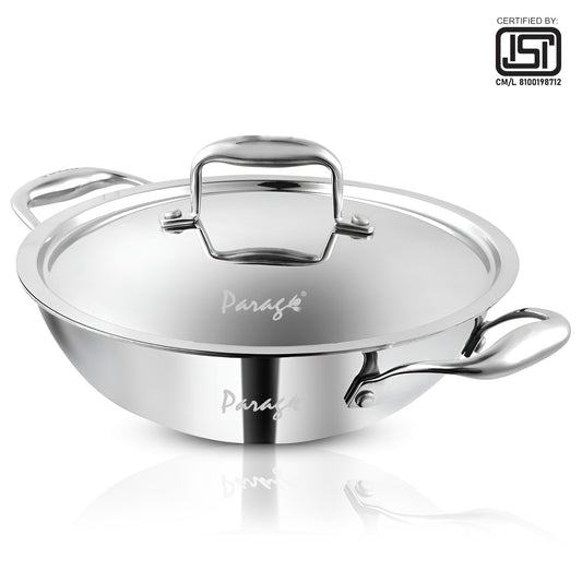 Tripure Triply Kadai with Lid | 24cm, 2.6L | Stainless Steel | Silver