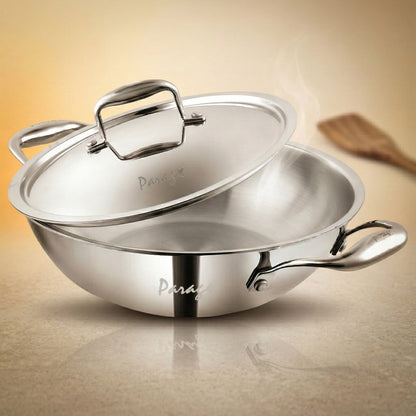 Tripure Triply Stainless Steel Kadai with Lid 24 cm, 2.6L | Induction & Gas Compatible