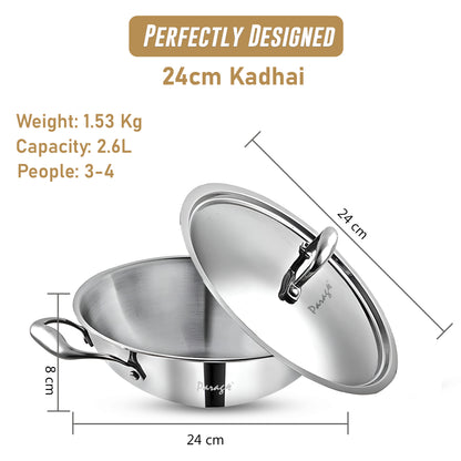 Tripure Triply Kadai with Lid 24cm, 2.6L Stainless Steel Silver – Parage