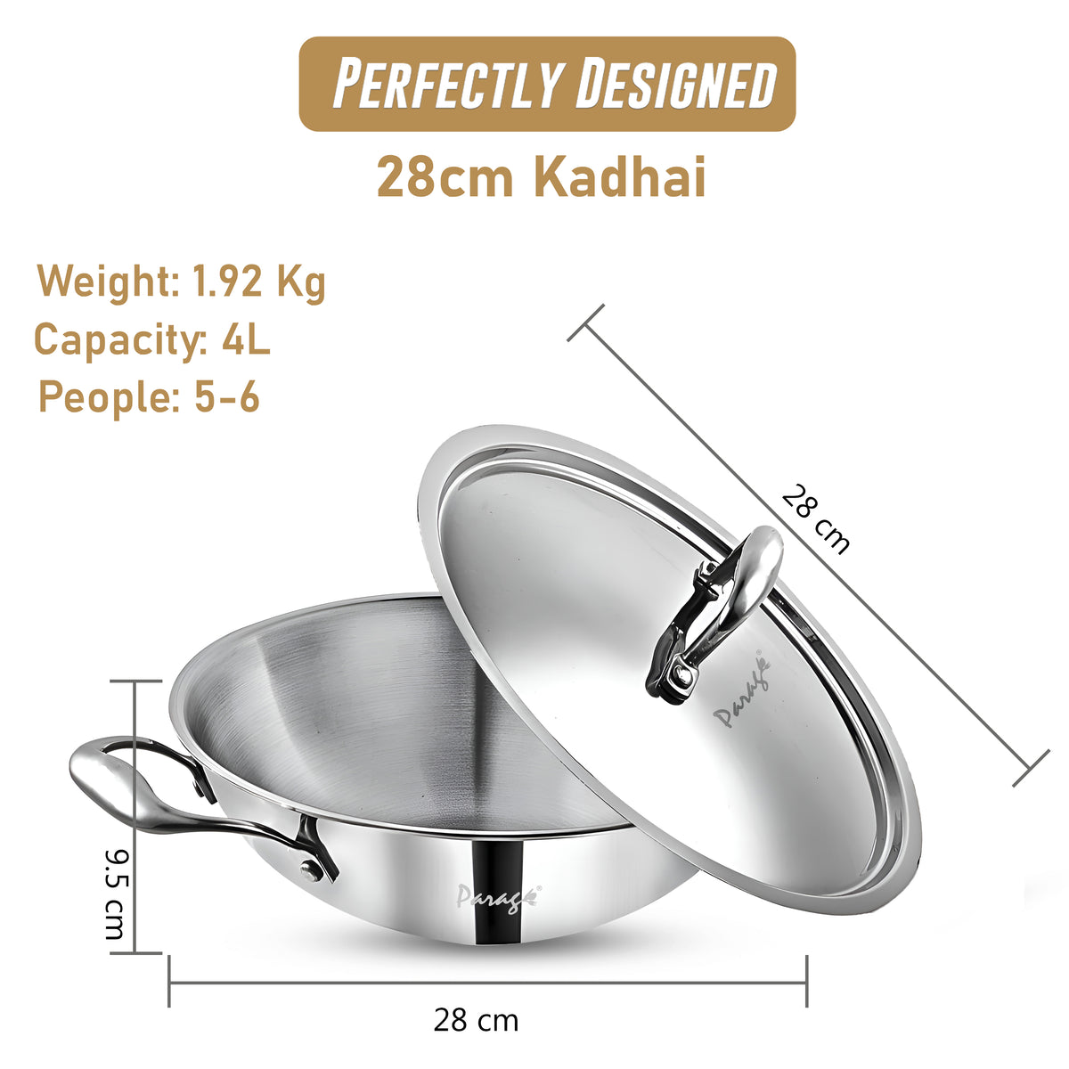 Tripure Triply Kadai with Lid 28cm, 4L Stainless Steel Silver – Parage