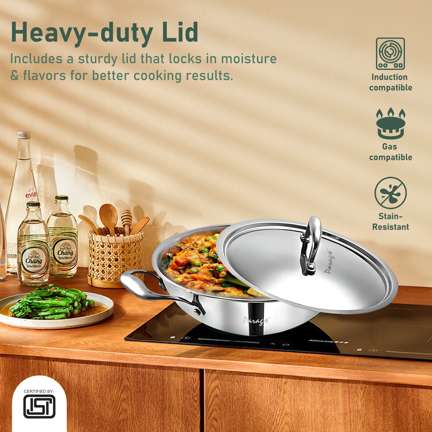 Tripure Triply Kadai with Lid | 26cm, 3.2L | Stainless Steel | Silver