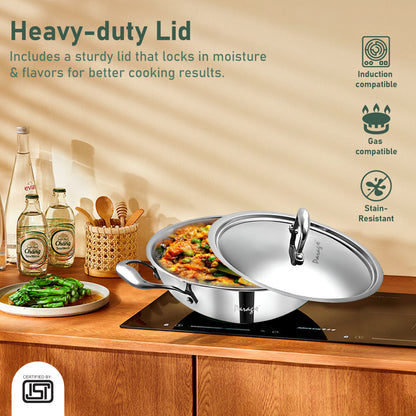 Tripure Triply Kadai with Lid | 26cm, 3.2L | Stainless Steel | Silver