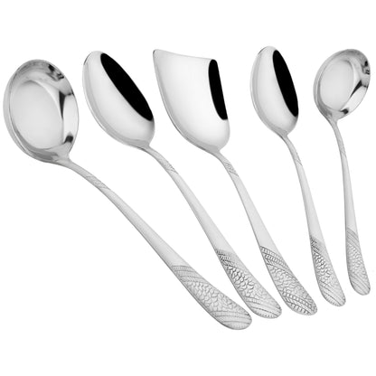 5-Piece Stainless Steel Serving Spoon Set | Heavy Gauge 1.8mm, 2 Soup, 2 Solid & 1 Rice Spoon (Silver, Pack of 5) 5IMPERIALSS-n 1