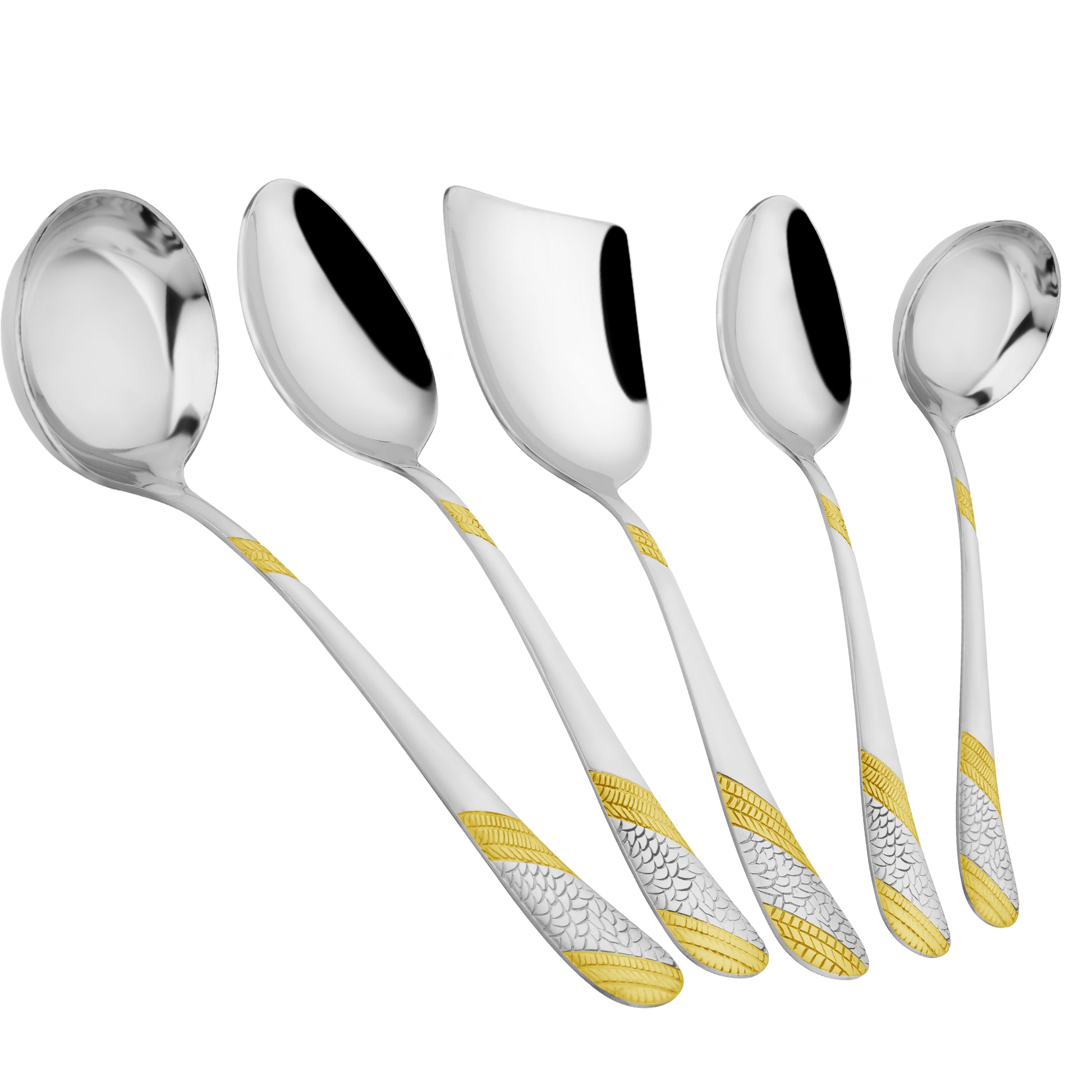 5-Piece Stainless Steel Gold Serving Spoon Set | Heavy Gauge 1.8mm, 2 Soup, 2 Solid & 1 Rice Spoon (24K Gold, Pack of 5) 5IMPERIALSSG 1