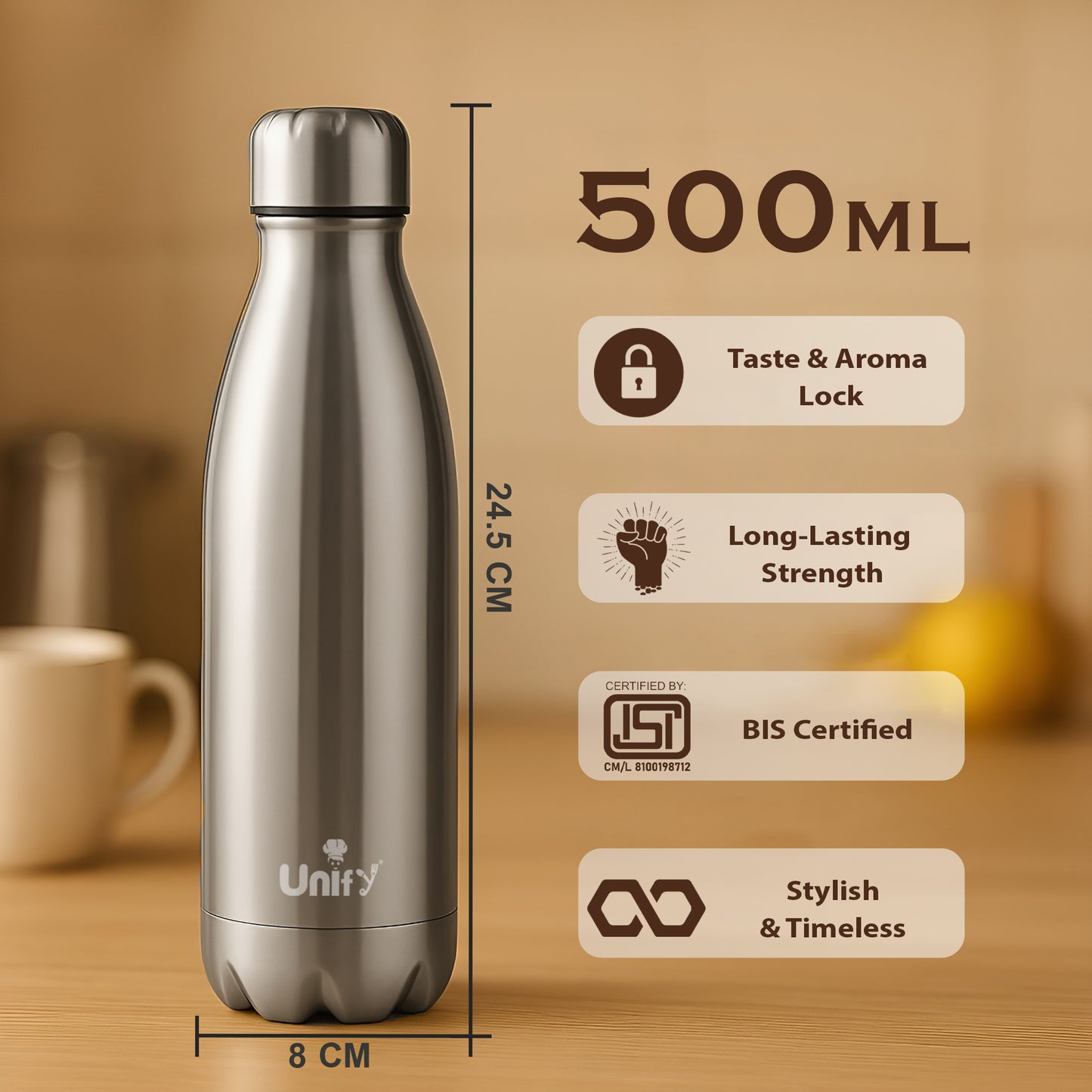 Thermosteel Hot & Cold Water Bottle 500ml | 304 SS Vacuum Flask, 24 Hrs Hot & Cold, Leak Proof