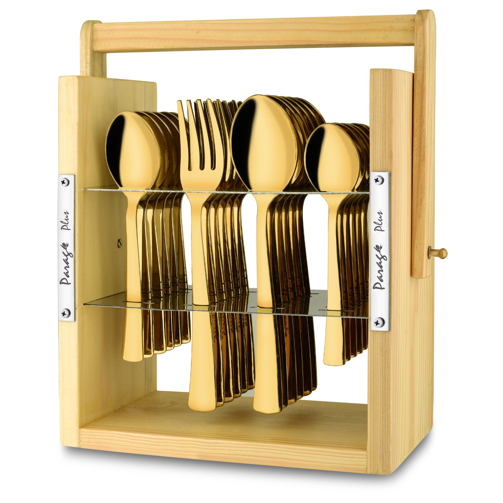 25-Piece Stainless Steel Cutlery Set with Wooden Stand, PVD Gold, and Hanging Shelves WDCSIMPPVDGBS 1