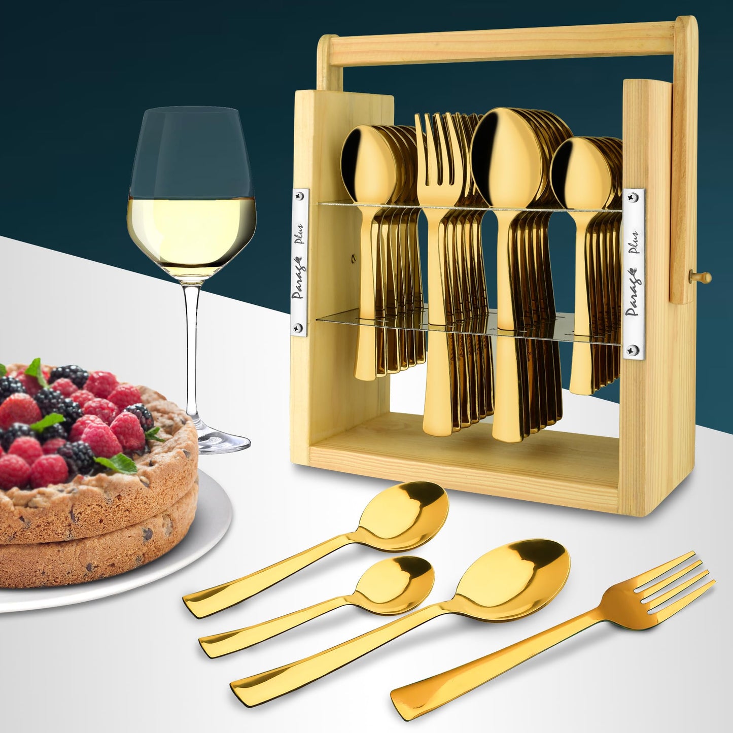 25-Piece Stainless Steel Cutlery Set with Wooden Stand, PVD Gold, and Hanging Shelves WDCSIMPPVDGBS 4