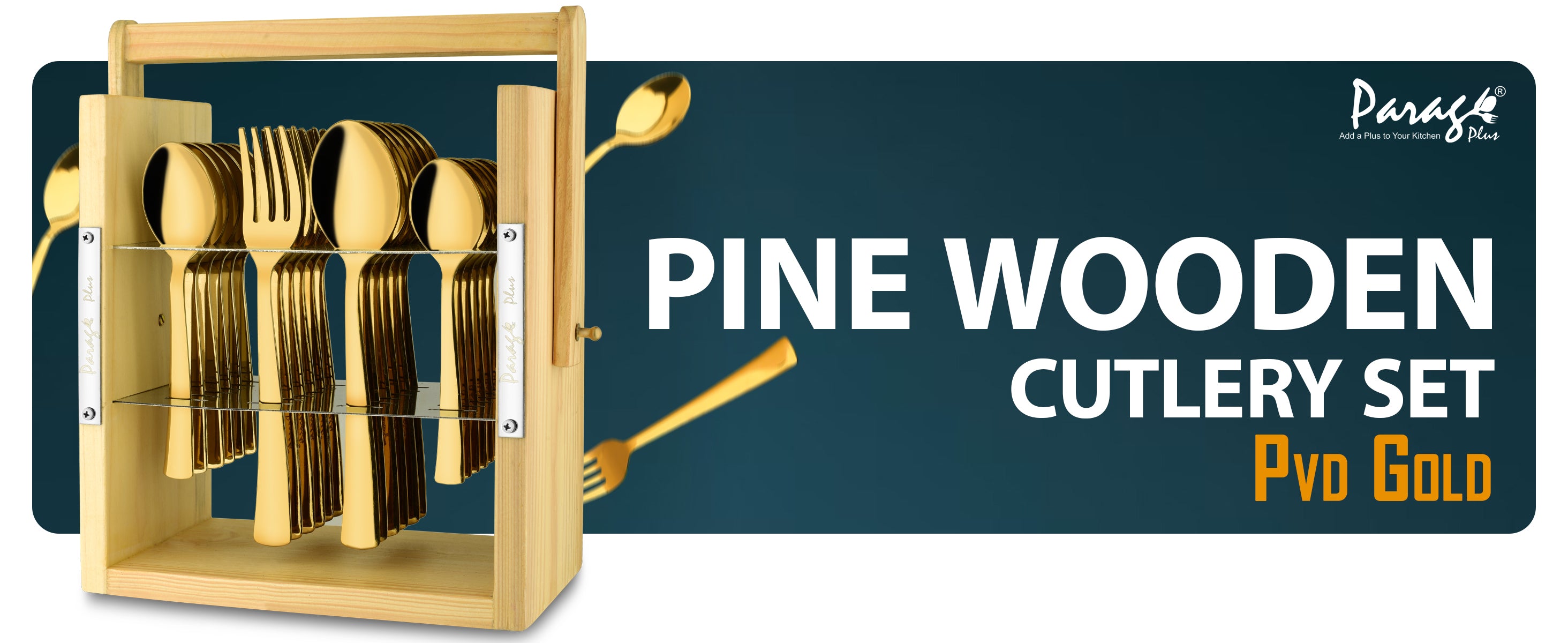 Pine wooden cutlery set with gold finish in a display box, branded 'Parage'.