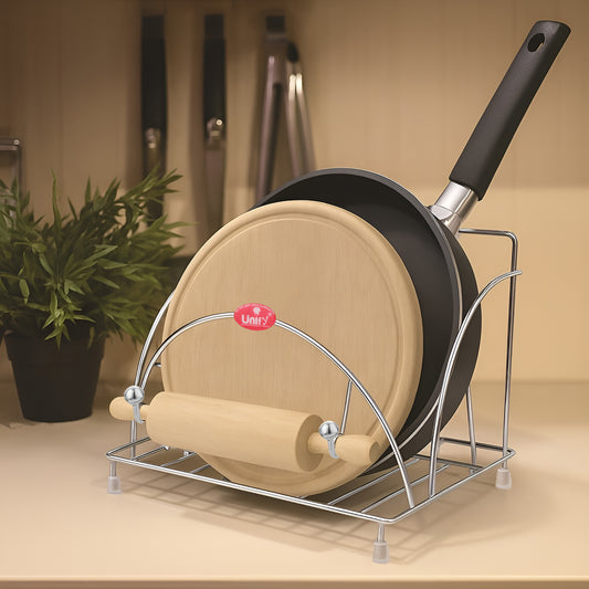 Stainless Steel Round Chakla Belan Tawa Stand | Rolling Pin & Board Holder, Corner Shelf (Silver)