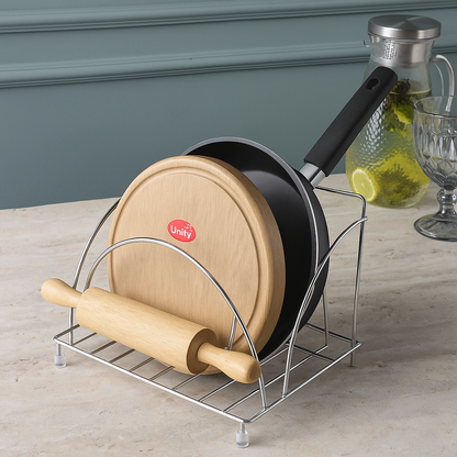 Stainless Steel Round Chakla Belan Tawa Stand | Rolling Pin & Board Holder, Corner Shelf (Silver)